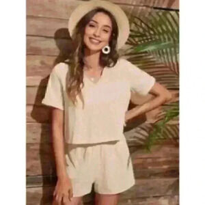 SHEIN LUNE Beige V-Neck Blouse & Shorts Set Women's Size L 2 Piece Outfit